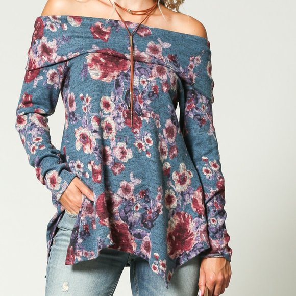 DONATED!!  Floral off shoulder tunic in denim blue - Picture 3 of 6